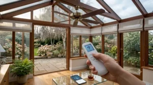 A hand holding a wall-mountable remote control unit pointing toward a high-mounted conservatory ceiling fan.