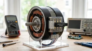 A close-up photograph of a precision-engineered reversible ceiling fan motor on an acrylic stand with a manual summer and winter reverse switch control module.