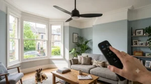 A close-up of a hand holding a black remote control pointing at a ceiling fan in a British living room, with a finger pressing the summer mode button.