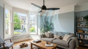 A modern British living room showing a reversible motor ceiling fan with superimposed blue airflow graphics demonstrating downward summer cooling.