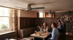 Ultra-quiet commercial ceiling fans providing a comfortable breeze without disrupting restaurant ambiance.