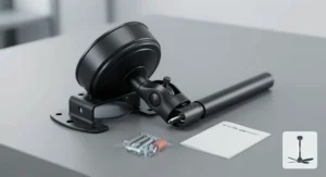 A close-up studio photograph of a dedicated matt black ball-and-socket adapter kit designed for installing ceiling fans on a 45-degree pitched roof. The kit includes the angled ceiling bracket, the hanging ball, a short downrod, and fixing screws, with a diagram showing its function.