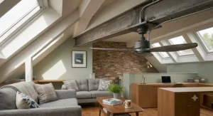 A hand holding a remote control to adjust wall-mounted and smart ceiling fan settings in a loft room.
