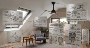 A sleek infographic showcasing the remote control interface and smart home app screen for a modern ceiling fan, emphasizing features like multi-speed control, natural breeze mode, and compatibility with British voice assistants, suitable for sloped ceiling installations.