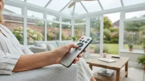Close-up of a remote control used to adjust speed settings on an energy-efficient conservatory fan.