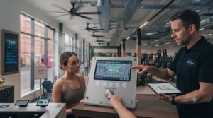 Digital wall controller used to adjust the speed of commercial ceiling fans in a fitness centre.