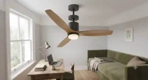 A modern three-blade low-profile ceiling fan with built-in light installed in a minimalist guest bedroom.