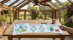 A photorealistic image of informational sheets on a wooden table detailing seasonal airflow directions, year-round comfort averages across a UK map, and energy savings graphs.