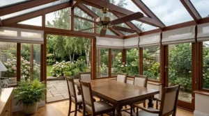 Traditional 5-blade dark wood conservatory ceiling fan with brass fixtures installed on a classic timber roof conservatory ridge.