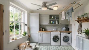 Airflow ventilation provided by a ceiling fan above a drying rack.