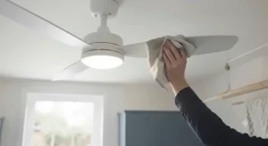 A detailed view of a smart-enabled ceiling fan in a utility room, showing the device sensor.