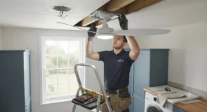 A person's hand operating a wall-mounted switch to control a ceiling fan in a utility room.