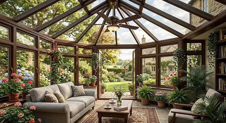 Modern UK conservatory interior with a wooden year round conservatory ceiling fan spinning above a sofa, looking out onto a British garden. year round conservatory ceiling fan year round conservatory ceiling fan