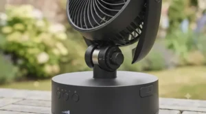 Adjustable head design on a battery-powered gazebo fan ensuring optimal airflow distribution.
