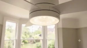 Quiet budget ceiling fan under £100 mounted on a white bedroom ceiling for summer cooling.