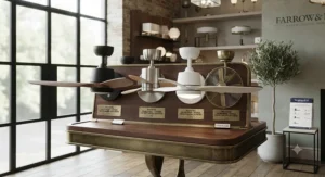 Selection of stylish, affordable IP44 rated ceiling fans available for under £150.