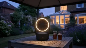 Battery-powered gazebo fan with integrated LED light illuminating an outdoor seating area at dusk.