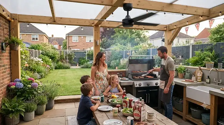 Modern black outdoor ceiling fan installed under a covered patio pergola in a British garden, circulating air above a contemporary barbecue area. BBQ area ceiling fans