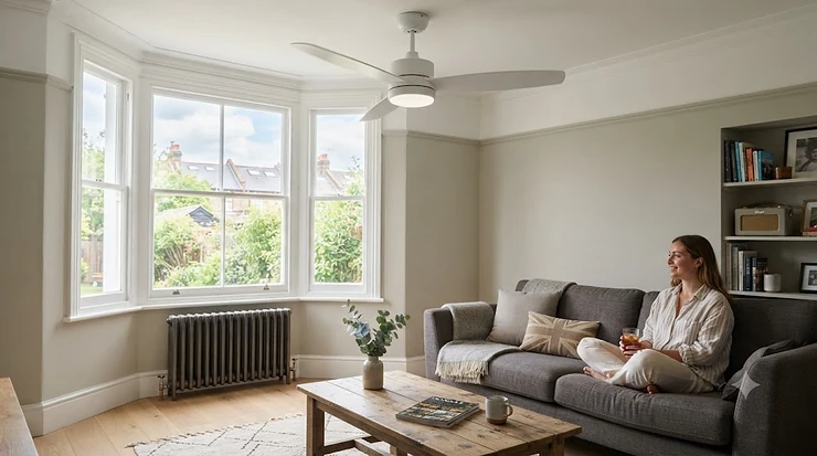 Modern white budget ceiling fan under £100 installed in a stylish UK living room. budget ceiling fans under £100