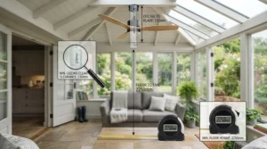 Dimension diagram indicating proper ceiling clearance and height requirements for installing a fan.
