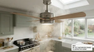 A modern ceiling fan fitted in a British kitchen, requiring reliable moisture protection from cooking steam.