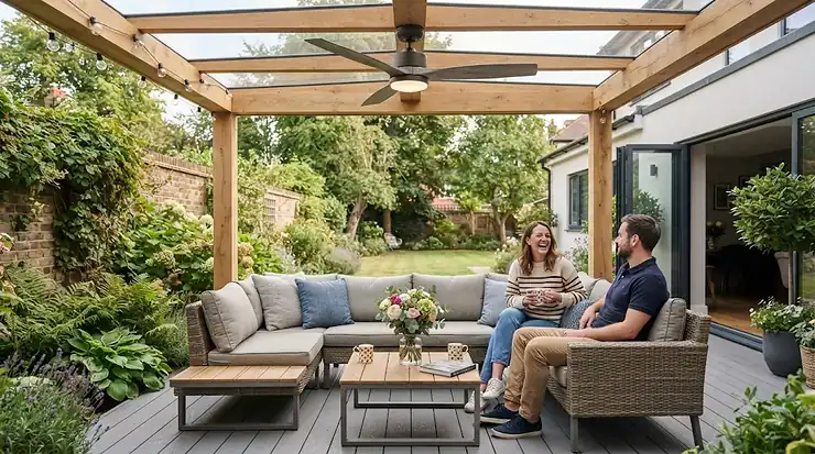 Modern outdoor ceiling fan installed on a covered patio in a British garden, providing comfortable airflow. ceiling fans for covered patios