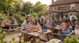 Wall-mounted outdoor dining fans keeping customers cool in a busy British pub beer garden.