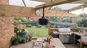 Small-diameter outdoor ceiling fan fitted safely in a compact courtyard garden lean-to, keeping guests cool near a compact charcoal barbecue.