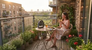 A compact, weather-resistant outdoor fan placed on a small balcony garden table.