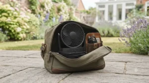 Compact and lightweight battery-powered gazebo fan held in hand, ideal for easy storage and camping trips.