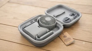 A compact and lightweight portable gazebo fan packed inside a travel bag.