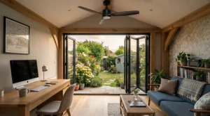 Sleek black contemporary ceiling fan mounted in a bright, modern insulated summer house office.