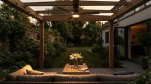 Illuminated ceiling fan with integrated LED light casting a warm glow over an outdoor seating area at dusk.