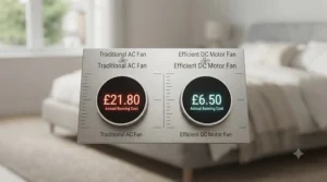 Infographic comparing the low running costs of an energy-efficient DC motor ceiling fan against traditional AC models.