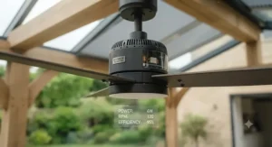 Low-energy DC motor ceiling fan rotating gently over a shaded outdoor seating area in summer.