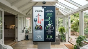 Infographic showing low energy consumption and running costs for a modern DC motor ceiling fan.