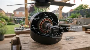 Diagrammatic illustration showing downward airflow circulation from a reversible DC motor ceiling fan in a sheltered outdoor cooking zone.