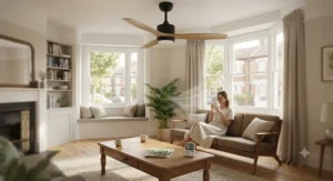 Low-energy ceiling fan providing eco-friendly cooling to help lower household electricity bills in the UK.