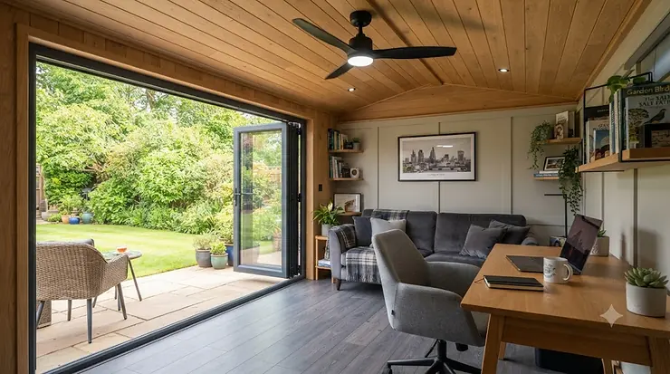 Modern garden room interior in the UK featuring a stylish ceiling fan installed on a wooden panelled ceiling. garden room ceiling fans