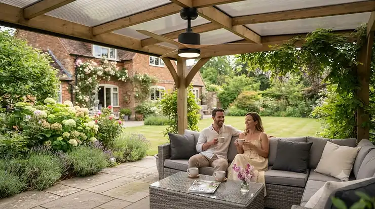 Modern black gazebo ceiling fan installed in a covered outdoor patio, providing a gentle breeze for British summer lounging. gazebo ceiling fans