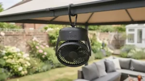 Easy-to-use hanging hook mechanism securing a battery-powered gazebo fan to a metal frame.