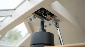 Step-by-step installation guide showing secure mounting brackets for an IP54 rated ceiling fan.