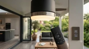 IP44 rated outdoor ceiling fan featuring an integrated LED light and handheld remote control on a wooden gazebo ceiling.