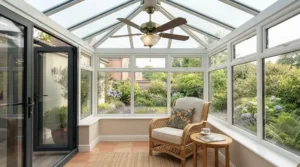 Stylish moisture-resistant ceiling fan fitted in a bright British conservatory with bi-fold doors.