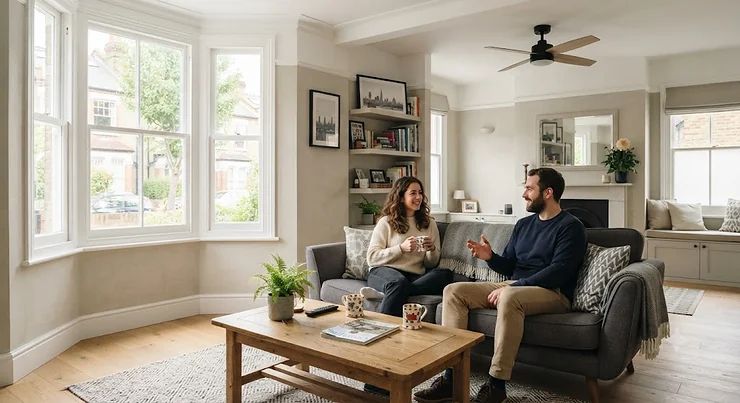 IP44 rated ceiling fan under £150 installed in a modern British living room, showing moisture-resistant design. IP44 rated ceiling fans under £150