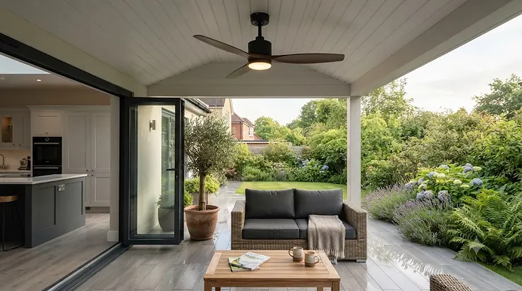 Modern IP44 rated outdoor ceiling fan installed on a covered patio in a British garden, providing weather-resistant cooling. IP44 rated outdoor ceiling fans