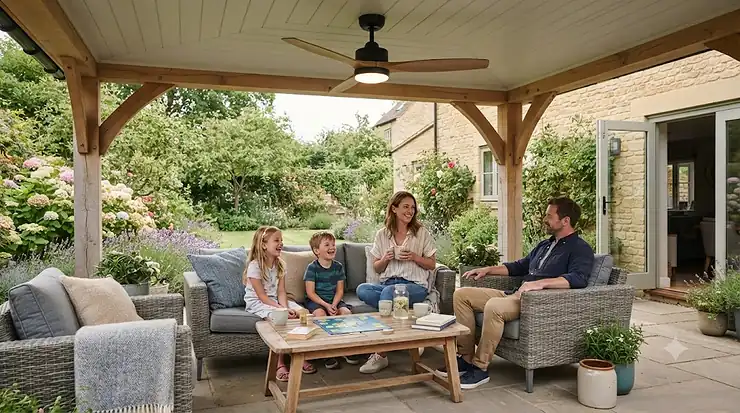 Modern IP54 rated outdoor ceiling fan installed on a covered British patio, providing weather-resistant airflow. IP54 rated outdoor ceiling fans