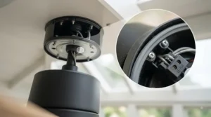 Close-up of the IP54 splashproof motor housing and protective seals on an outdoor ceiling fan.