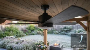 A large-span industrial style patio ceiling fan circulating air across a spacious decked outdoor dining terrace.