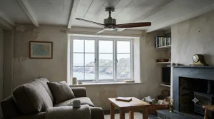 Low-profile marine grade ceiling fan fitted in a traditional seaside property to maximise headroom.